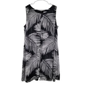 Catherines Black White Dress Womens 1X Leaf Print Sheer Overlay Sleeveless